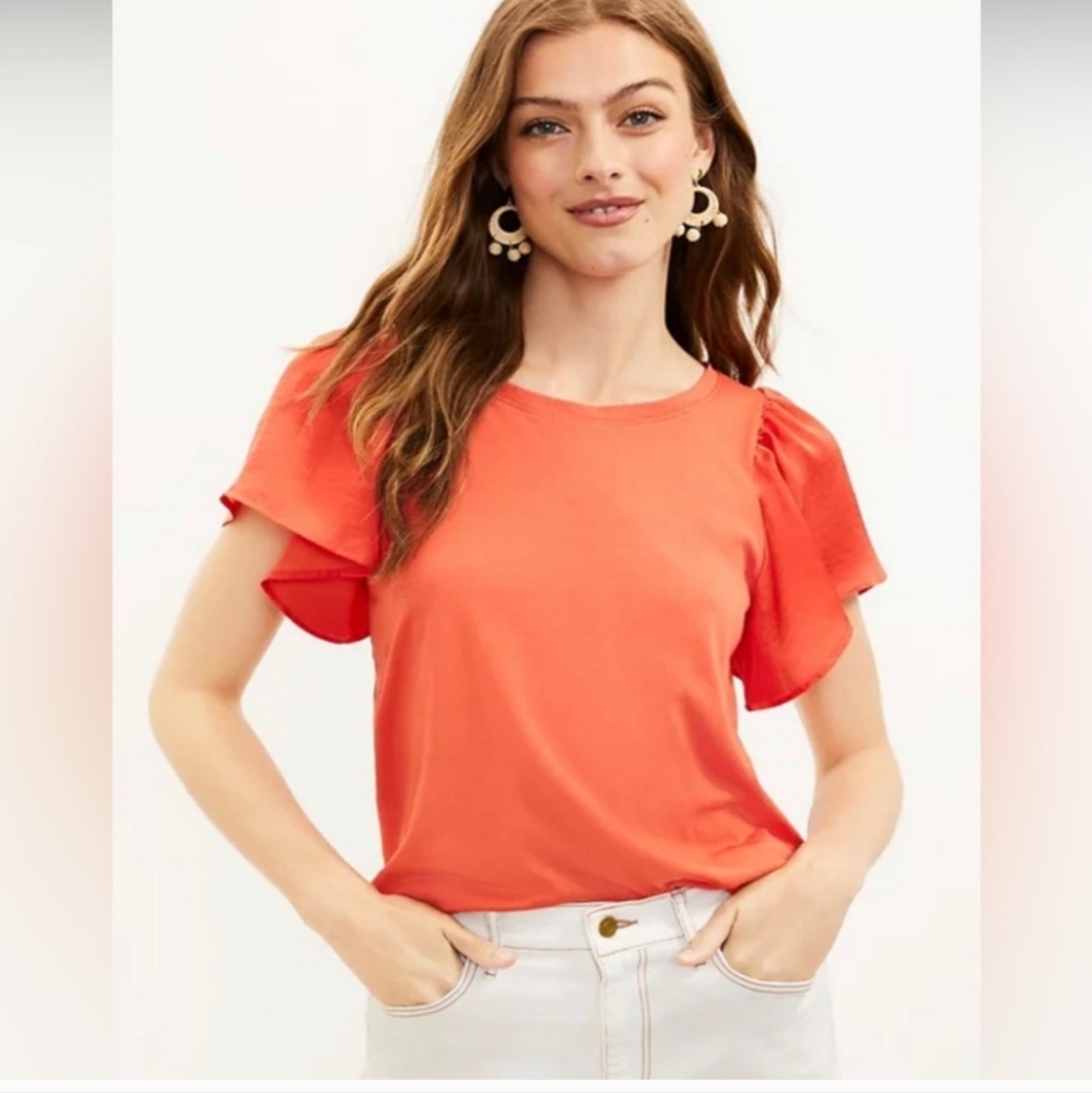 LOFT Flutter Sleeve Mixed Media Top Coral Size L